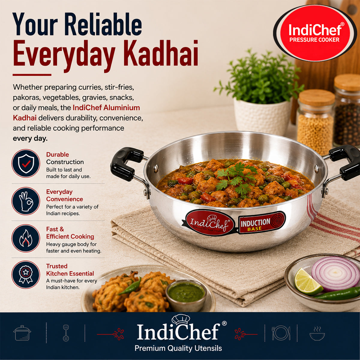 IndiChef Aluminium Kadhai with Lid | Induction Friendly