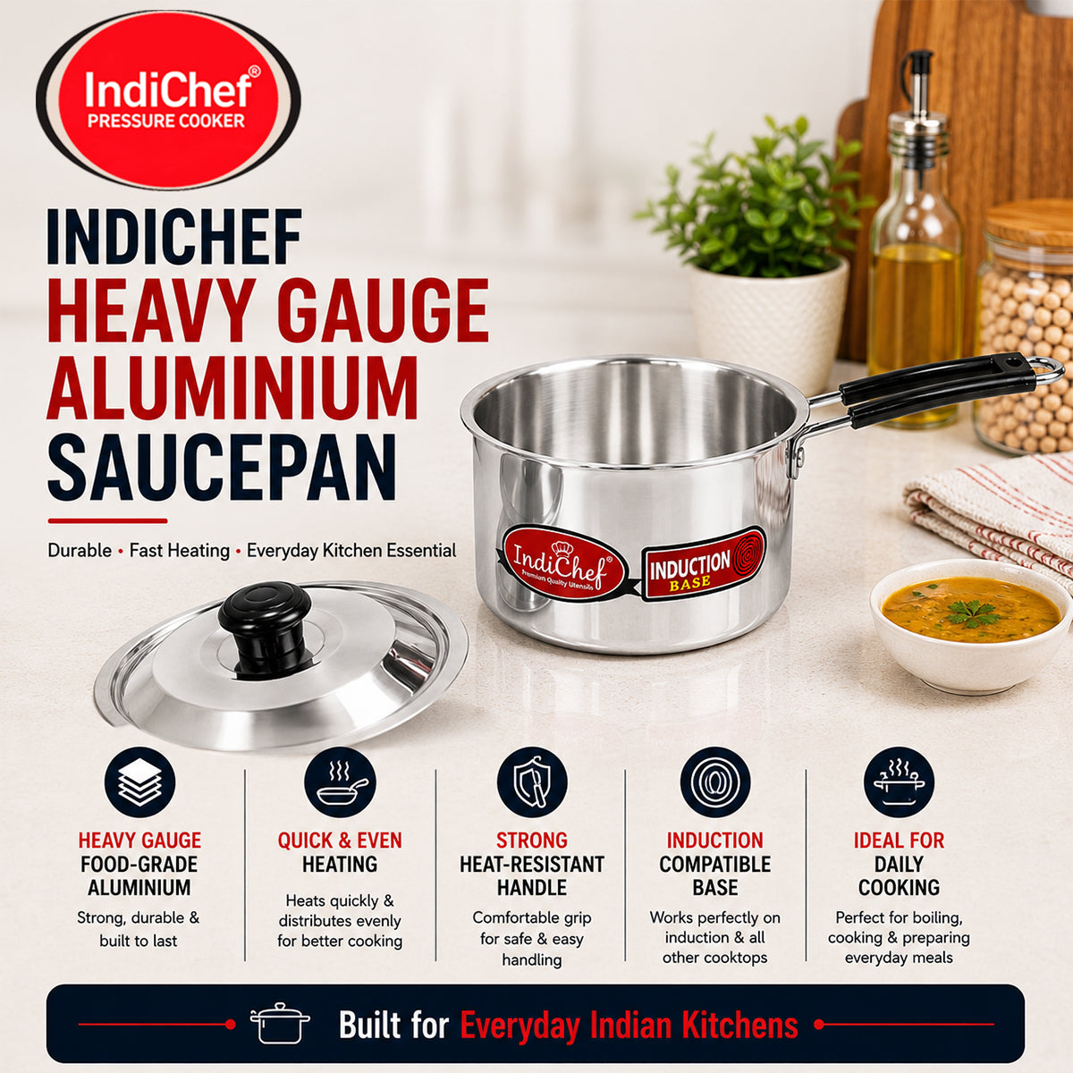 IndiChef Aluminium saucepan with Lid | Induction Friendly
