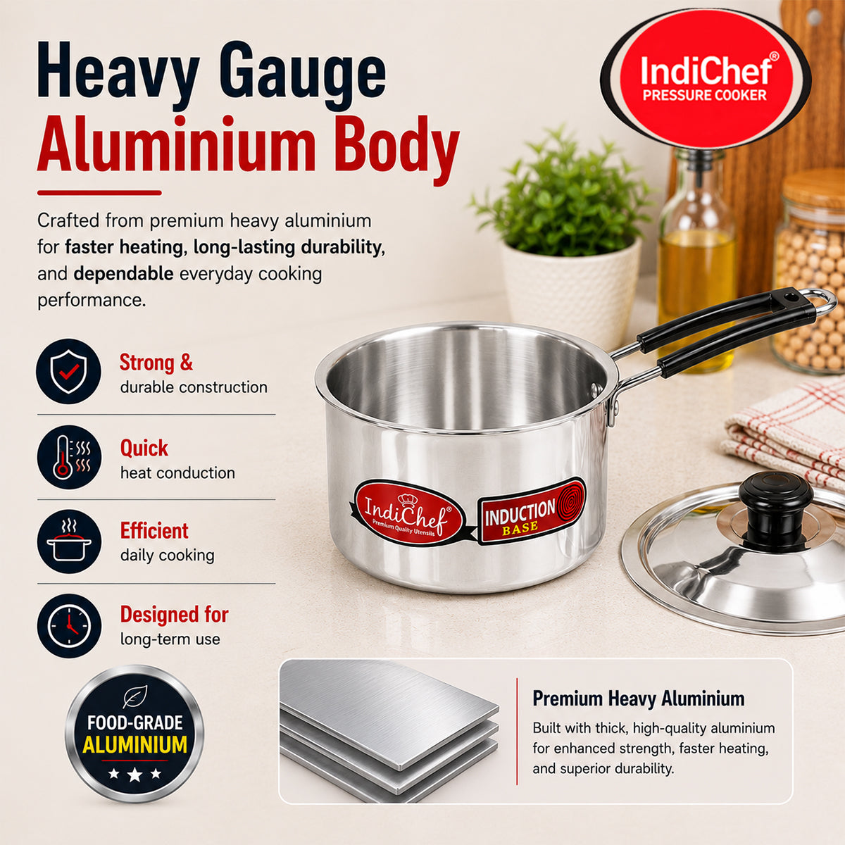 IndiChef Aluminium saucepan with Lid | Induction Friendly
