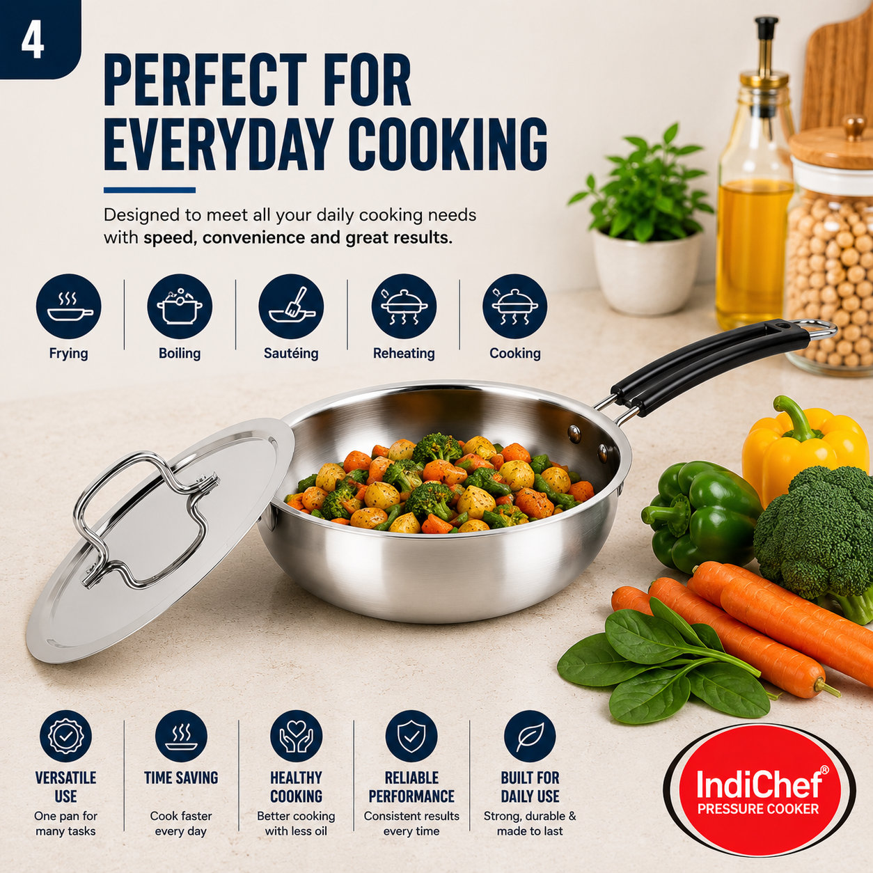 IndiChef Stainless Steel Fry Pan with Lid | Induction Friendly