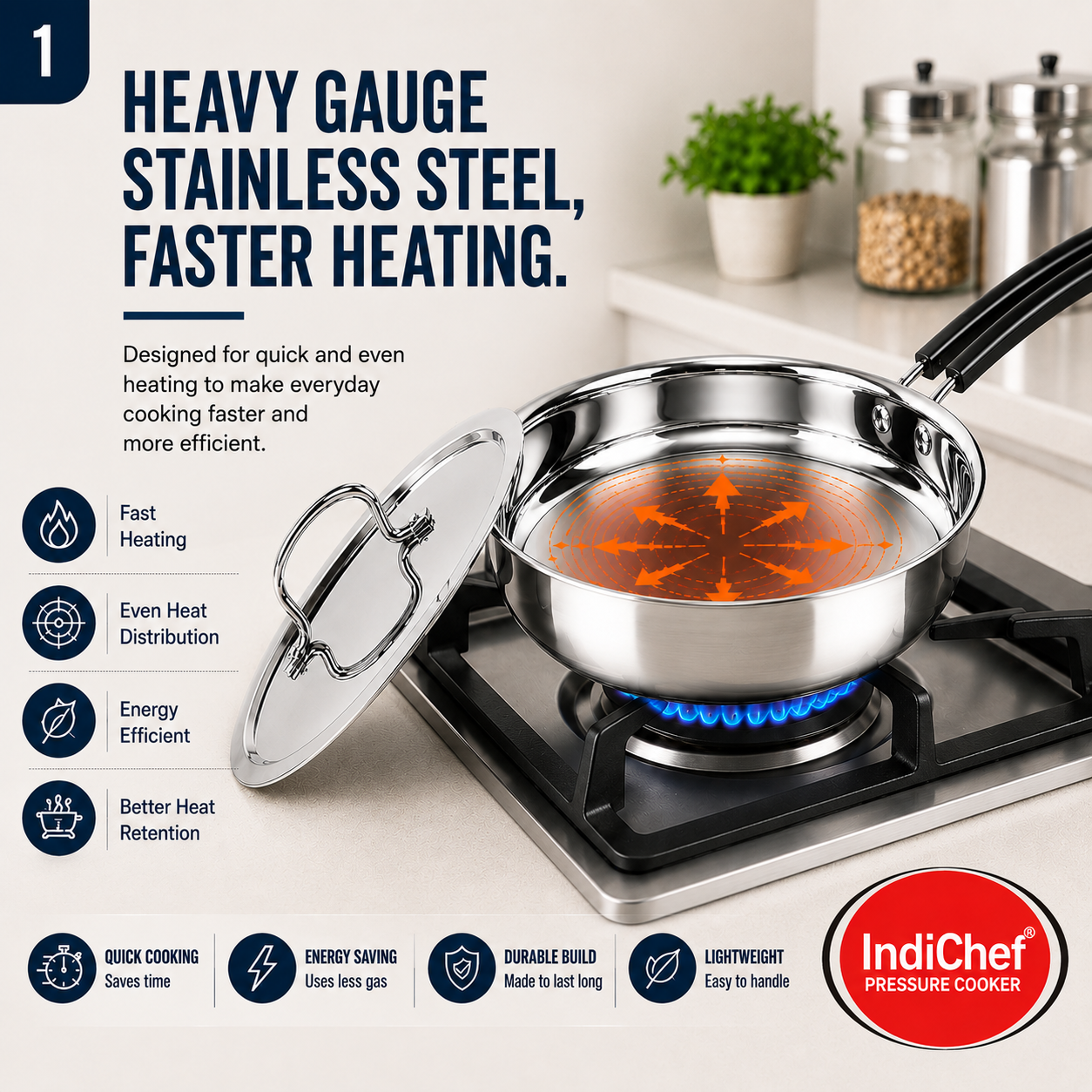 IndiChef Stainless Steel Fry Pan with Lid | Induction Friendly