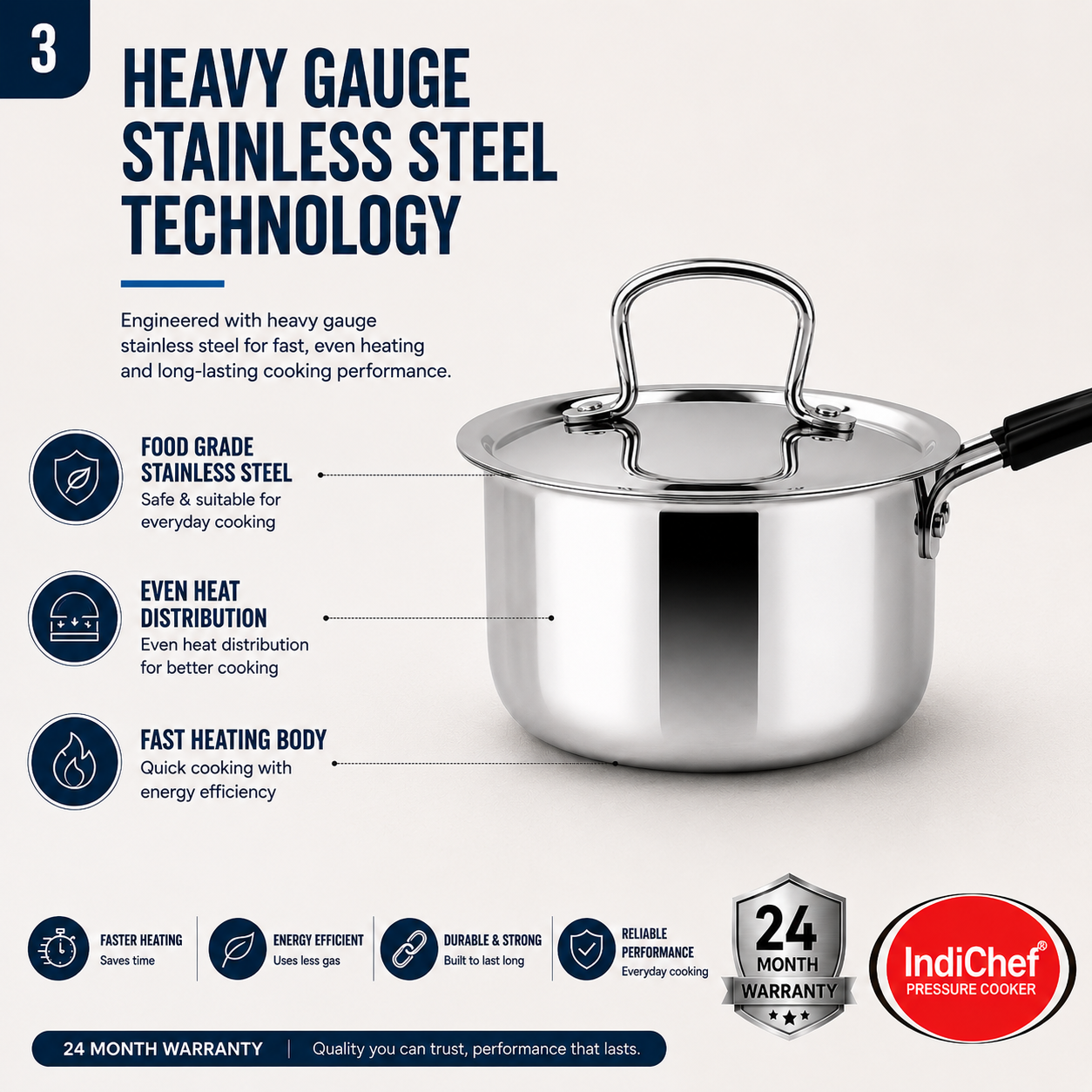 IndiChef Stainless Steel Saucepan with Lid | Induction Friendly