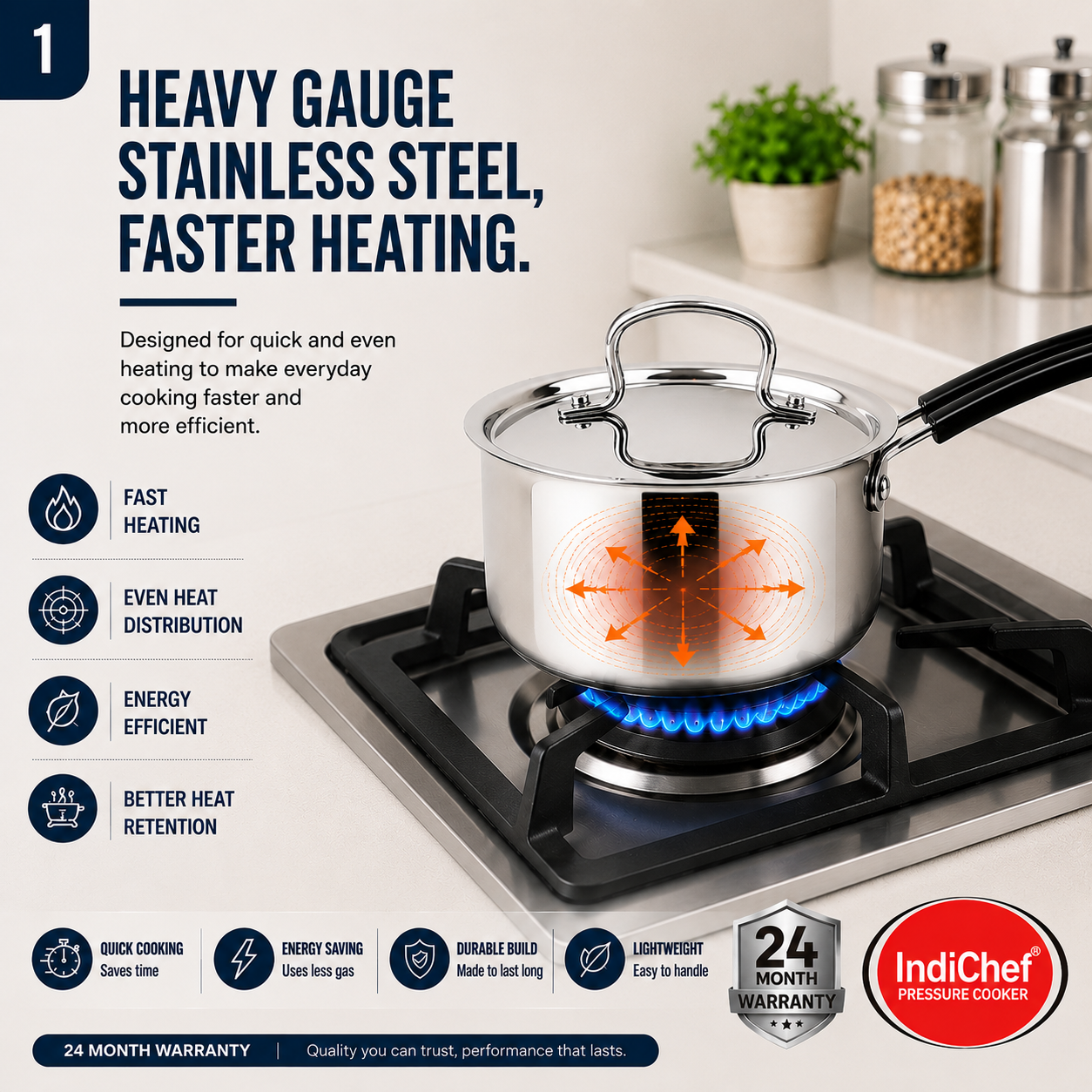IndiChef Stainless Steel Saucepan with Lid | Induction Friendly