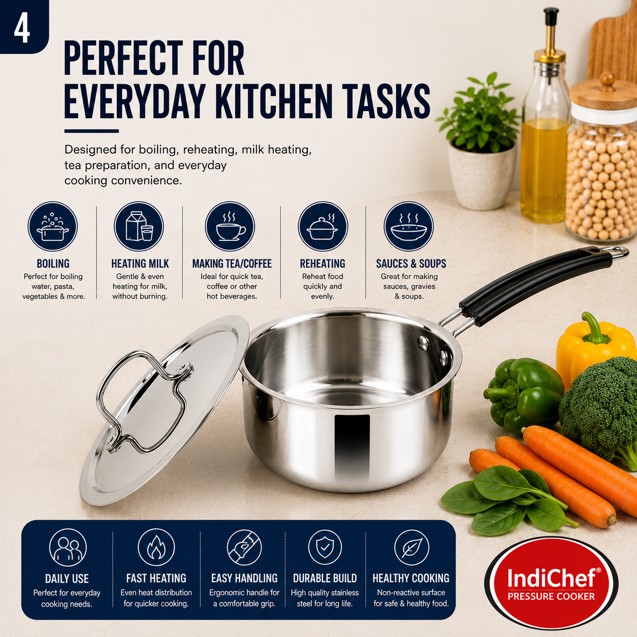 IndiChef Stainless Steel Saucepan with Lid | Induction Friendly