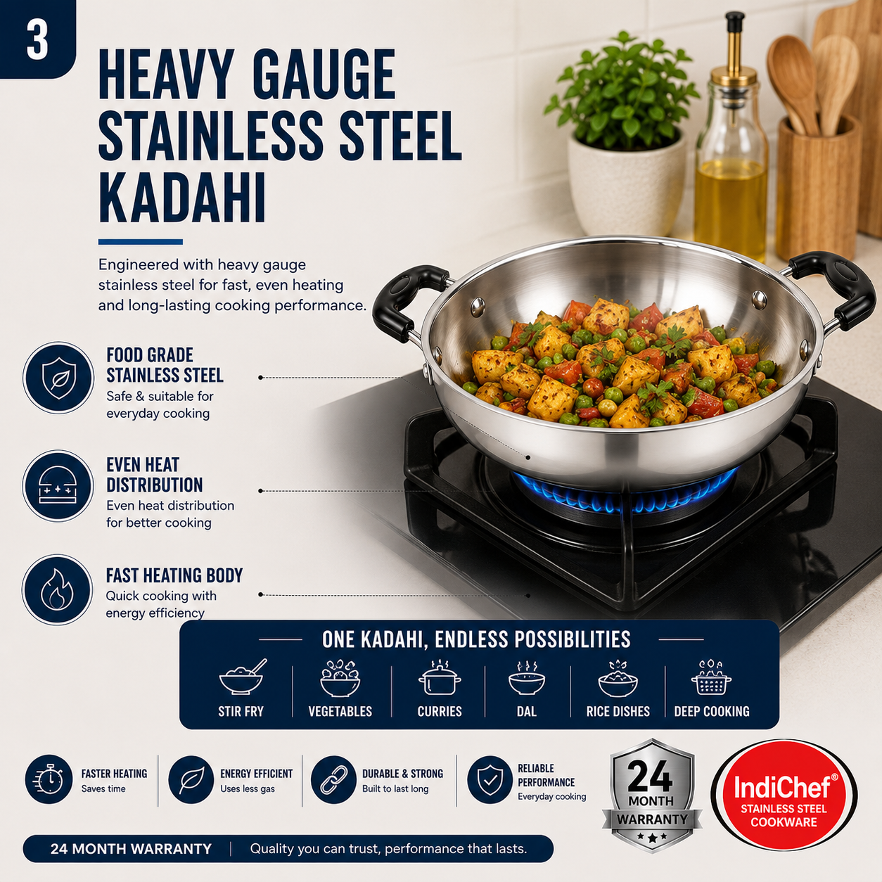 IndiChef Stainless Steel Kadahi with Lid | Induction Friendly