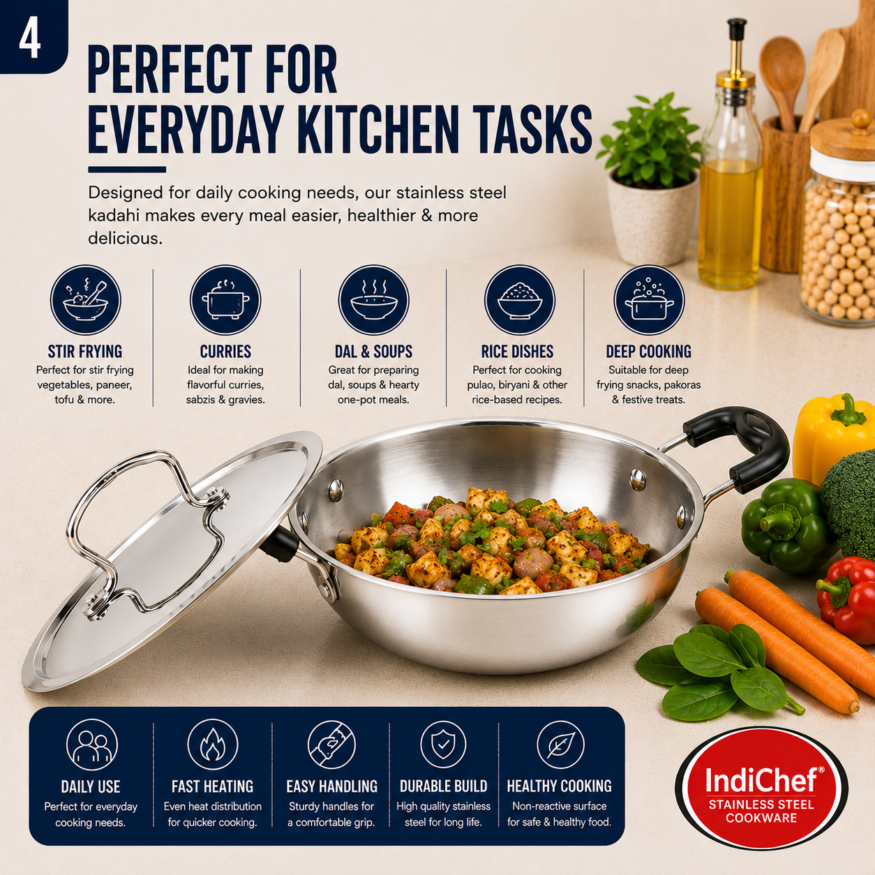 IndiChef Stainless Steel Kadahi with Lid | Induction Friendly
