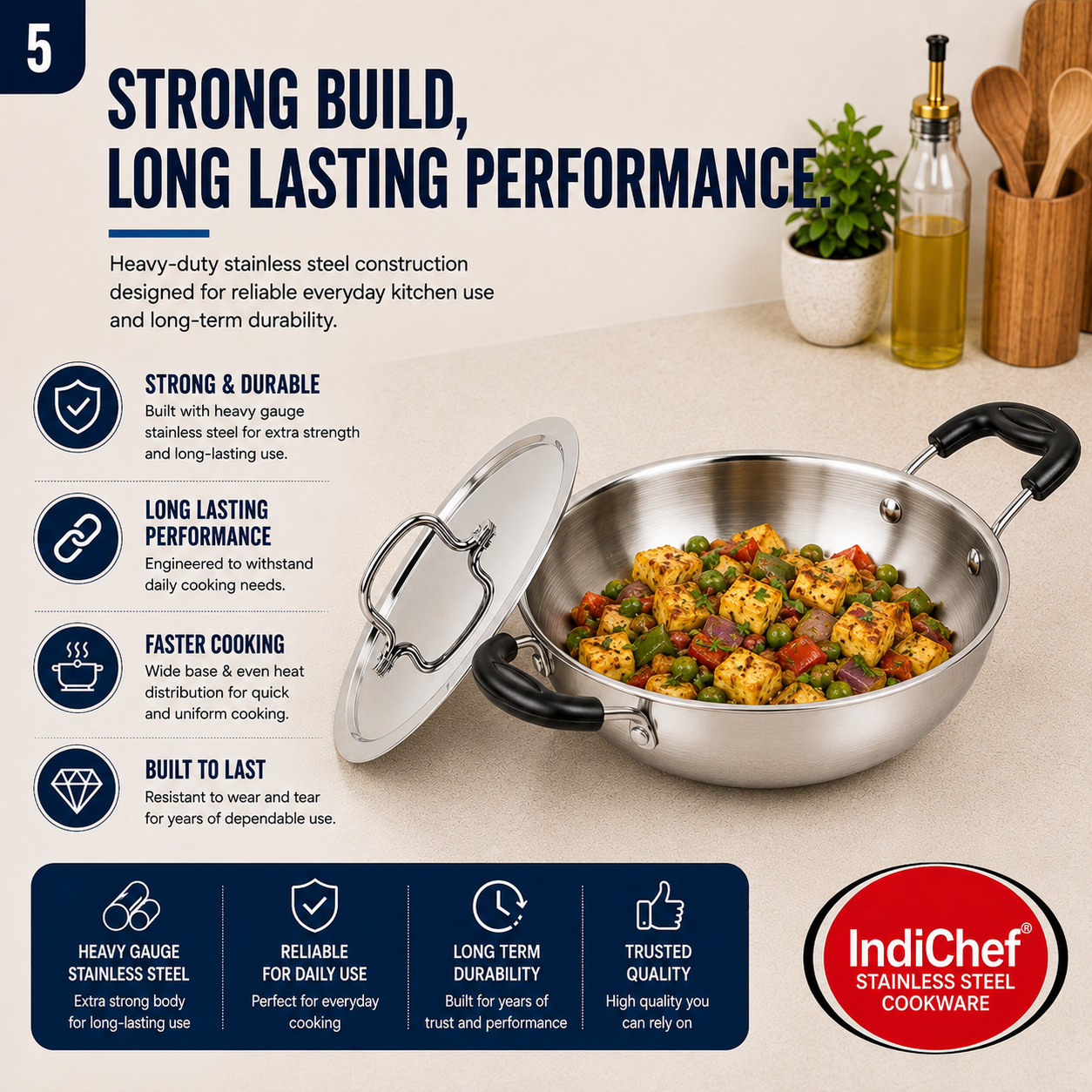 IndiChef Stainless Steel Kadahi with Lid | Induction Friendly