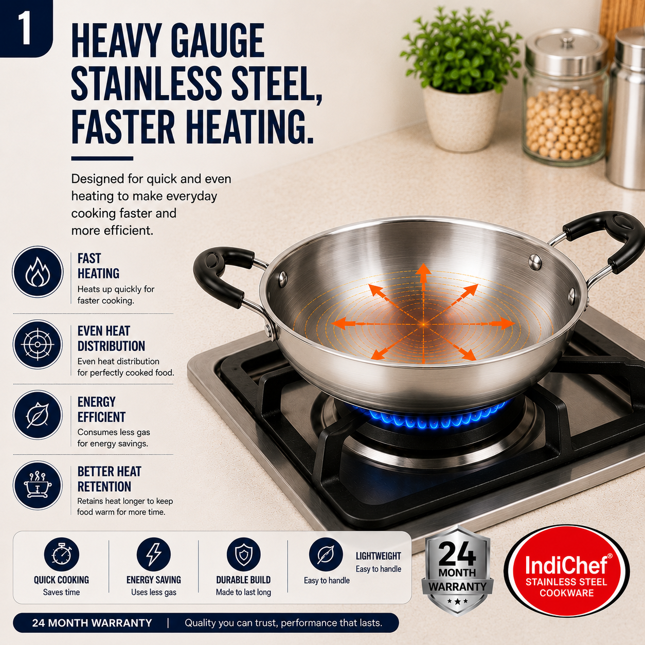 IndiChef Stainless Steel Kadahi with Lid | Induction Friendly