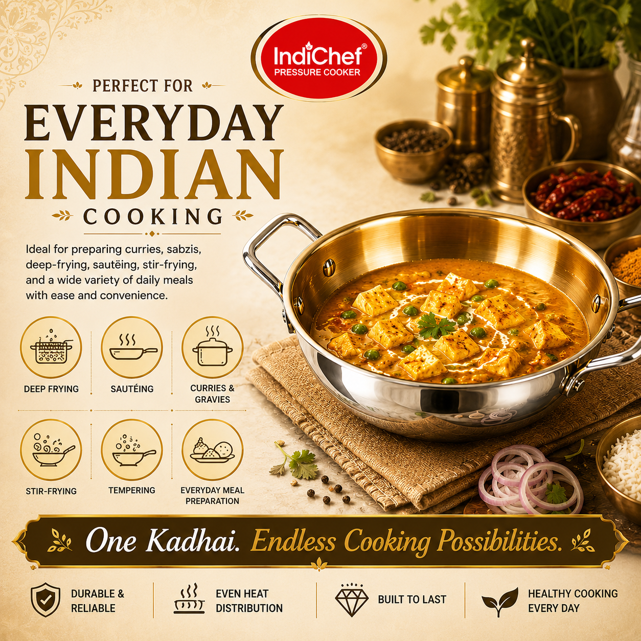 IndiChef Tri-ply Brass Kadahi | Induction Friendly