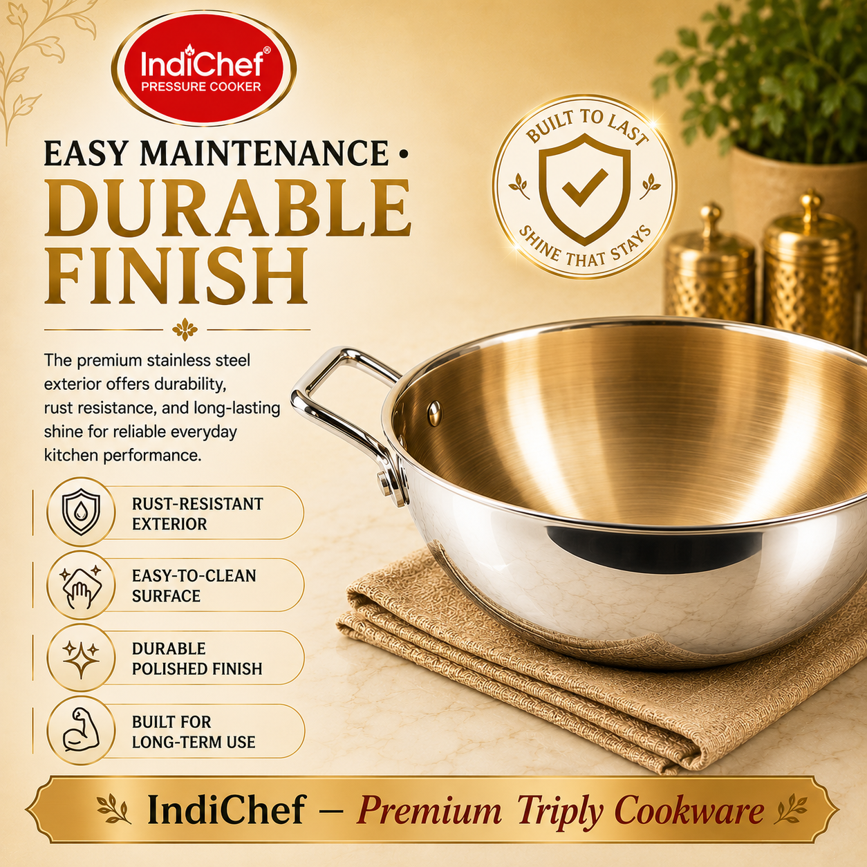 IndiChef Tri-ply Brass Kadahi | Induction Friendly