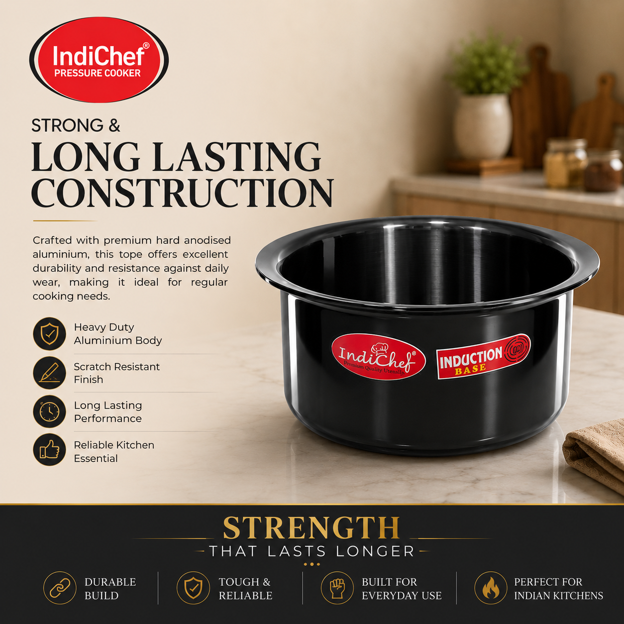 IndiChef Hard Anodised Tope/Bhagona | Induction Friendly