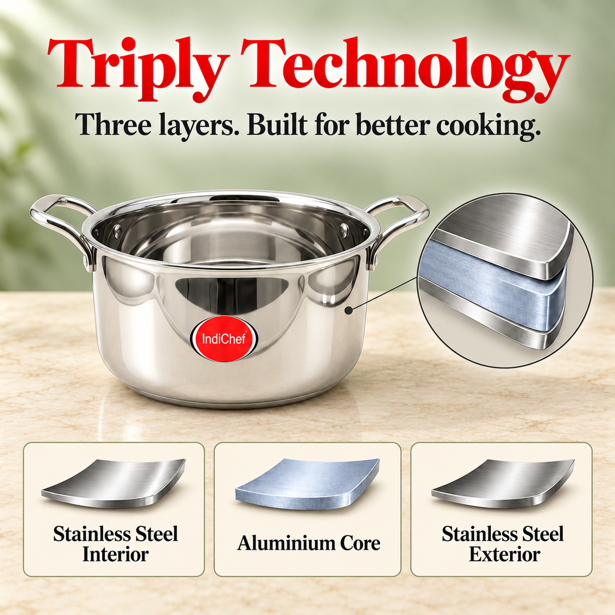 IndiChef Tri-Ply Steel Casserole | Induction Friendly