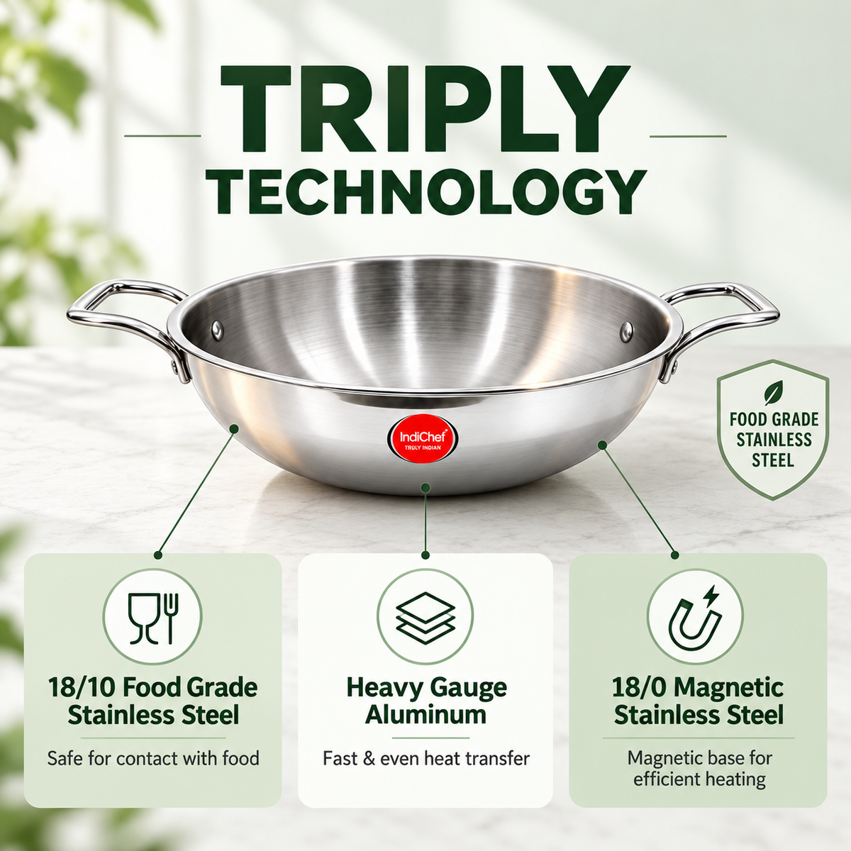 IndiChef Tri-Ply Steel Kadahi/Kadhai | Induction Friendly